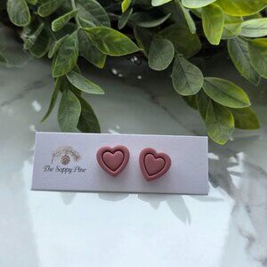 NEW Outlined Dusty Pink Heart Polymer Clay Stud Earrings